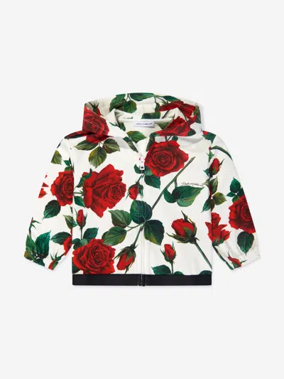 Dolce & Gabbana Babies' Rose-print Zip-up Hoodie In White