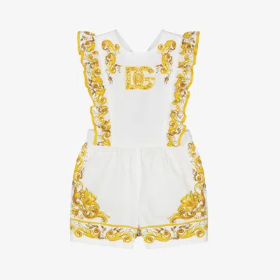 Dolce & Gabbana Baby Girls White Majolica Print Cotton Shortie In Yellow