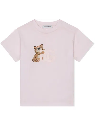 Dolce & Gabbana Babies' Leopard Logo-print T-shirt In Pink