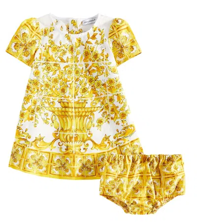 Dolce & Gabbana Baby Majolica Cotton Popeline Dress In Yellow