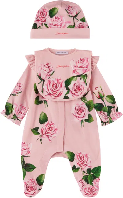 Dolce & Gabbana Baby Pink Rose Print Jumpsuit Set In Hf5iz Rose C/stelo F