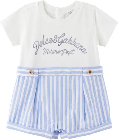 DOLCE & GABBANA BABY WHITE & BLUE STRIPED SEERSUCKER & JERSEY ROMPER