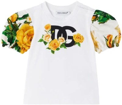 Dolce & Gabbana Baby White Puff Sleeve T-shirt In Ha3vo Rose Gialle