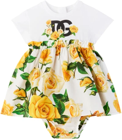 Dolce & Gabbana Baby Yellow Floral Dress & Bloomers Set In Ha3vo Rose Gialle