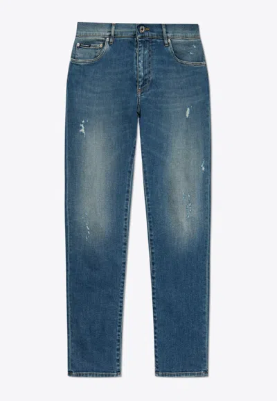 Dolce & Gabbana Back Embroidered-logo Slim-fit Jeans In Blue