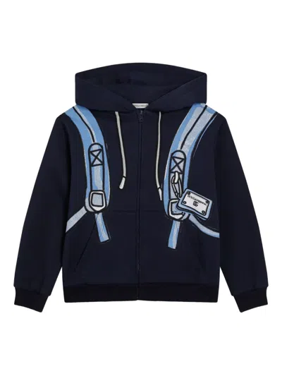 Dolce & Gabbana Kids' Backpack-print Zip-up Hoodie In Blue