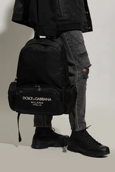 Dolce & Gabbana Nylon Backpack With Rubberized Logo In Black