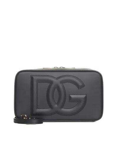 Dolce & Gabbana Black Leather Shoulder Bag With Logo In Gray