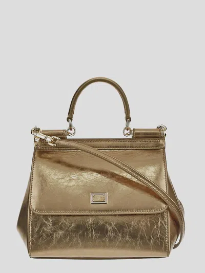 DOLCE & GABBANA 'SICILY MEDIUM' GOLD COLORED HANDBAG WITH LOGO PLAQUE IN QUILTED LEATHER WOMAN