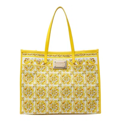 Dolce & Gabbana Yellow And White Tote Bag With Majolica Print And Logo Plaque In Cotton Woman