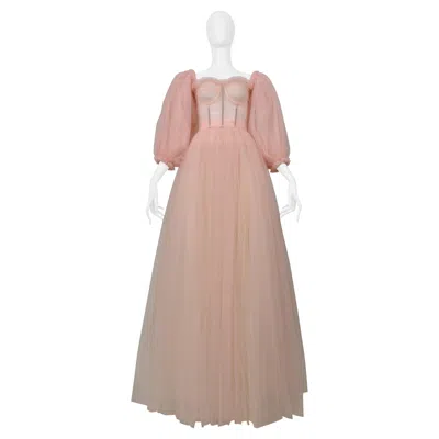 Pre-owned Dolce & Gabbana Ballet Pink Sheer Corseted Tulle Gown With Puff Sleeves