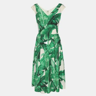 Pre-owned Dolce & Gabbana Banana Leaf Print Cotton Poplin Dress M In Green