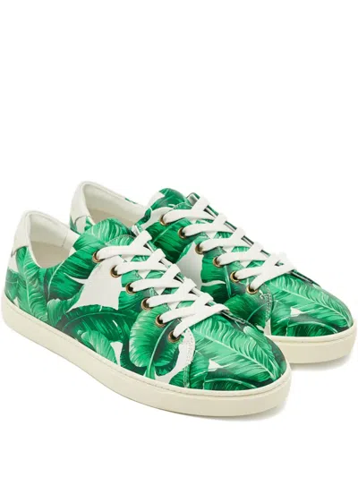 Pre-owned Dolce & Gabbana Banana Leaf-print Leather Sneakers In Green