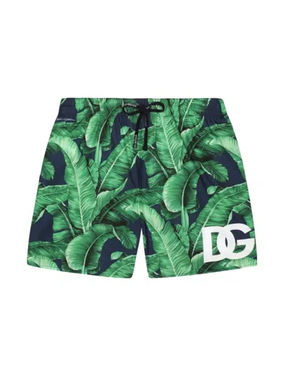 Dolce & Gabbana Kids' Leaf-print Swim Shorts In Black