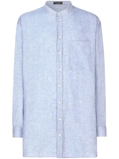 Dolce & Gabbana Oversize Linen Shirt With Mandarin Collar In Azure