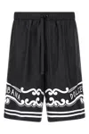 Dolce & Gabbana Black Bermuda Pants With Drawstring Elastic Waist And Maxi Print In Silk Man In Black
