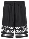 Dolce & Gabbana Black Bermuda Pants With Drawstring Elastic Waist And Maxi Print In Silk Man