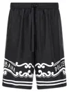 Dolce & Gabbana Black Bermuda Pants With Drawstring Elastic Waist And Maxi Print In Silk Man