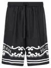 Dolce & Gabbana Black Bermuda Pants With Drawstring Elastic Waist And Maxi Print In Silk Man In Black