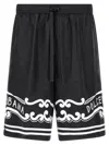Dolce & Gabbana Black Bermuda Pants With Drawstring Elastic Waist And Maxi Print In Silk Man In White/black