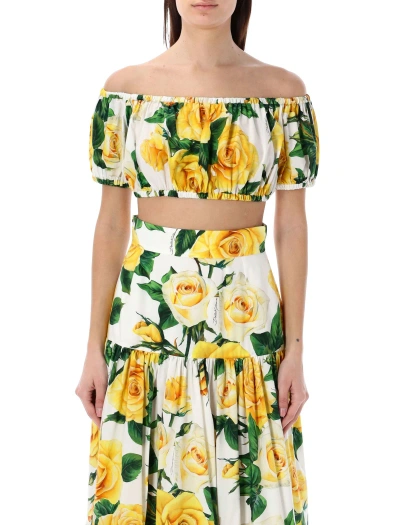 Dolce & Gabbana Bardot-neck Top With Roses Print In Yellow Roses