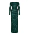 Dolce & Gabbana Off-shoulder Sequined Maxi Dress In Green