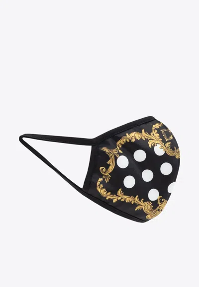 Dolce & Gabbana Baroque And Polka Dot Print Neoprene Mask In Black
