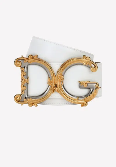 Dolce & Gabbana Baroque Dg Logo Calfskin Belt In White