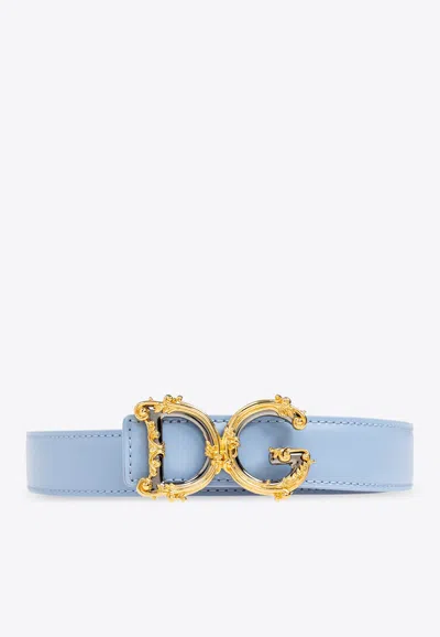 Dolce & Gabbana Baroque Dg Logo Leather Belt In Light Blue