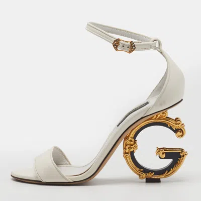 Pre-owned Dolce & Gabbana Baroque Dg Size 35 White Leather Ankle Strap Sandals