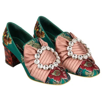 Pre-owned Dolce & Gabbana Baroque Flower Bow Crystal Brooch Heels Pumps Jackie 12043 In Green