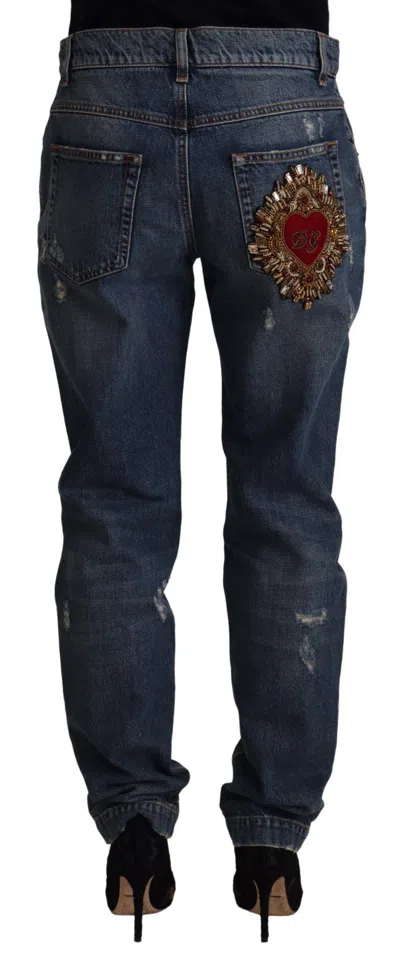 Dolce & Gabbana Baroque Heart Logo Patch Jeans In Blue