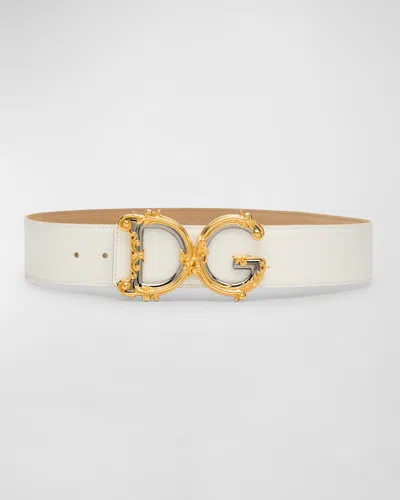 Dolce & Gabbana Baroque Logo Leather Belt In 80001 Bianco