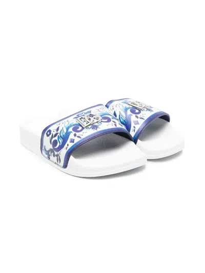 Dolce & Gabbana Kids' Baroque-print Flat Slides In White