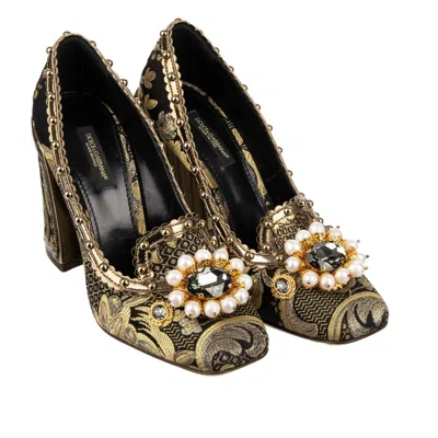 Pre-owned Dolce & Gabbana Baroque Pumps Keira Pearls Crystals Gold Black 36.5 Us 6.5 12000