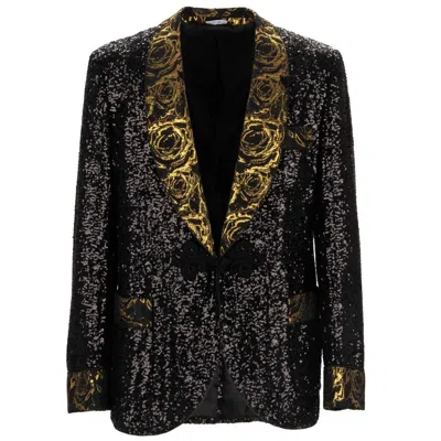 Pre-owned Dolce & Gabbana Baroque Rose Sequined Tuxedo Blazer Jacket Black Gold 13585