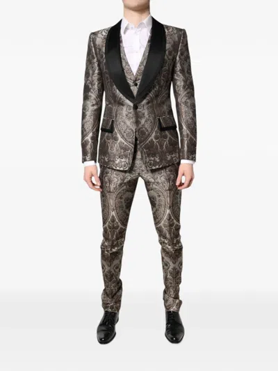Dolce & Gabbana Baroque-jacquard Three-piece Suit In Gray