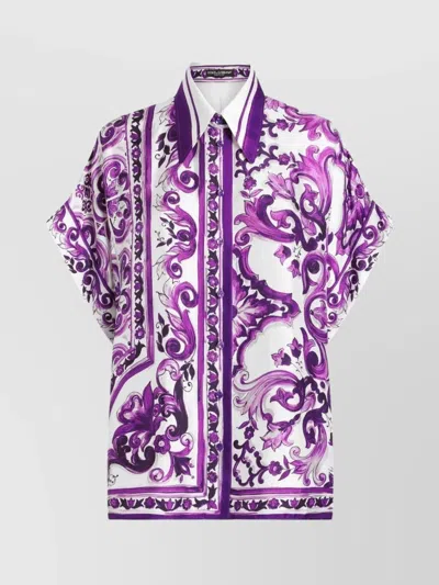 Dolce & Gabbana Bat Sleeve Majolica Print Point Collar Top In Purple