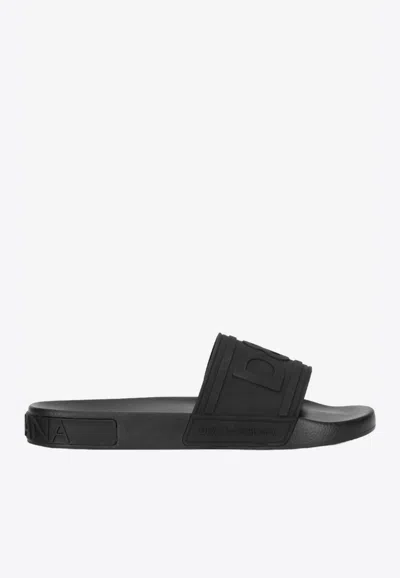 Dolce & Gabbana Beachwear Sliders With Embossed Logo Strap In Black