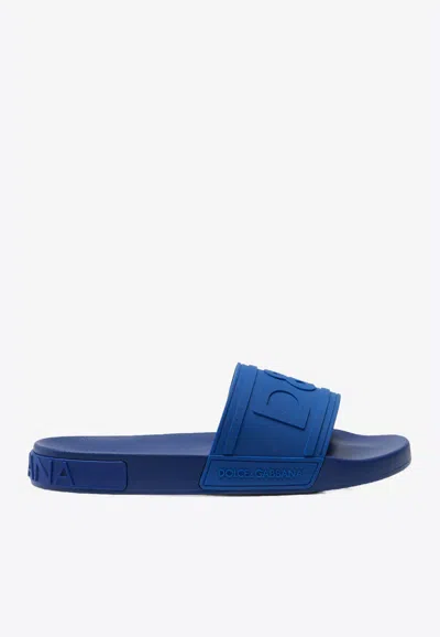 Dolce & Gabbana Beachwear Sliders With Embossed Logo Strap In Blue
