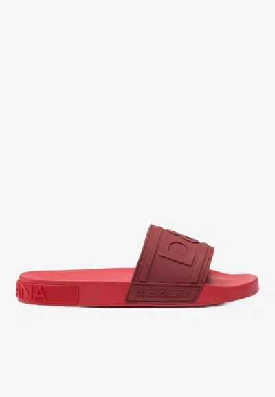 Dolce & Gabbana Beachwear Sliders With Embossed Logo Strap In Red