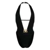 Dolce & Gabbana Plunging Neckline Belted Swimsuit In Black
