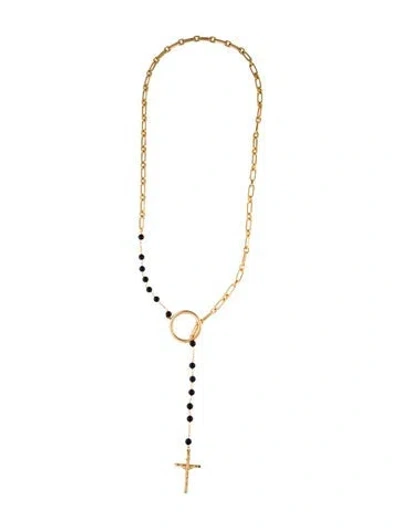 Pre-owned Dolce & Gabbana Bead Cross Lariat Necklace, 37" In Black
