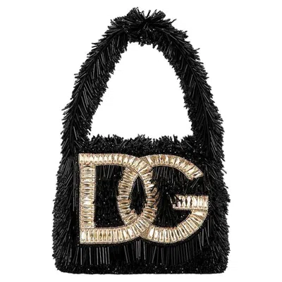 Pre-owned Dolce & Gabbana Beaded Fringe Inblack Crystal Dg Logo Bag Embroidered Gem In Black