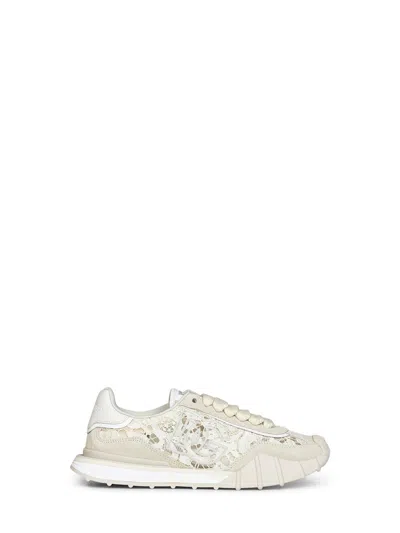 Dolce & Gabbana Beige And Chalk Lace And Calf Suede Low-top Sneakers In Neutral