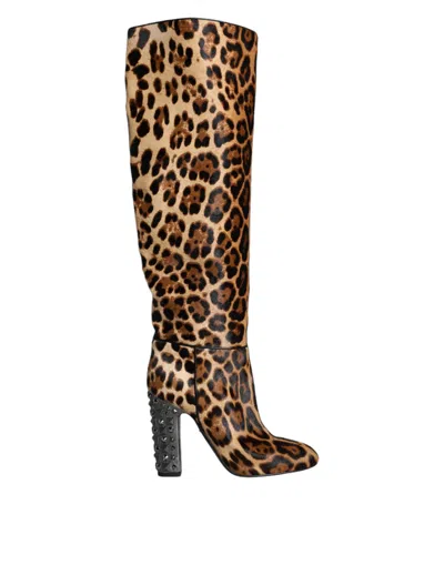 Dolce & Gabbana Beige Black Leopard Knee High Boots Shoes In Purple