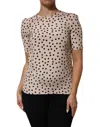 Dolce & Gabbana Beige Black Polka Dot Silk Short Sleeve Blouse Top In Neutral