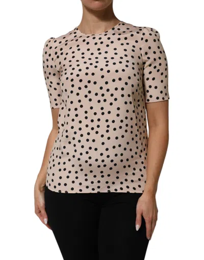 Dolce & Gabbana Beige Black Polka Dot Silk Short Sleeve Blouse Top In Neutral