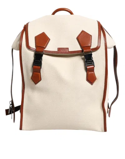 Pre-owned Dolce & Gabbana Beige Brown Canvas Leather Travel Back Pack Men's Bag () In Sand