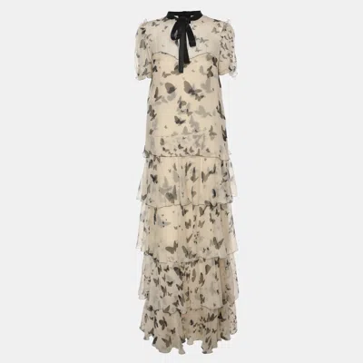 Pre-owned Dolce & Gabbana Beige Butterfly Print Chiffon Ruffled Layered Maxi Dress S In Sand